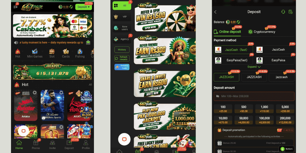 667 PAK Game showing different game categories along with available bonuses, promotions, and rewards. The banner also highlights convenient payment options such as Easypaisa and JazzCash, giving players an easy way to manage deposits and withdrawals.