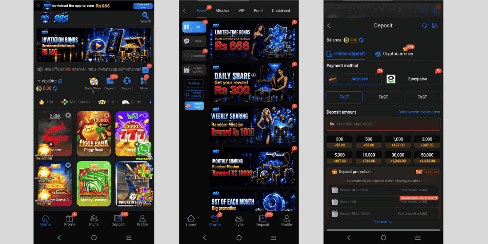 98S Game offers cards, slots, arcade, fishing, live games, lottery, sports, and casino-style games, along with bonuses, daily rewards, promotions, referral rewards, and payment options such as Easypaisa, JazzCash, and Bank Transfer.