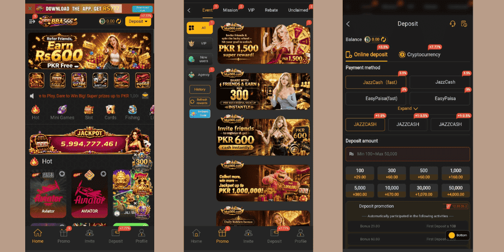 BBA566 Game banner highlighting different game categories along with bonuses, promotional offers, rewards, and popular Pakistani payment options including Easypaisa and JazzCash.