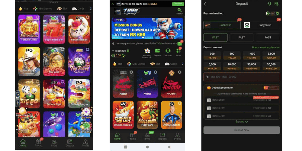 T999 Game banner showing games, offers, referral rewards, customer support, and payment options
