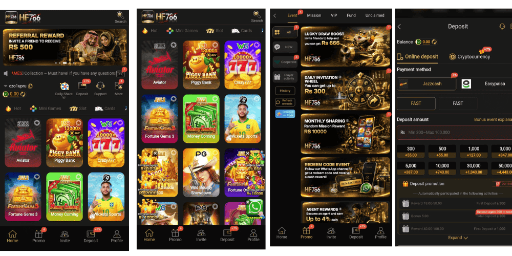 HF786 Game banner showing bonuses, rewards, promotions, deposit methods, and different game categories.