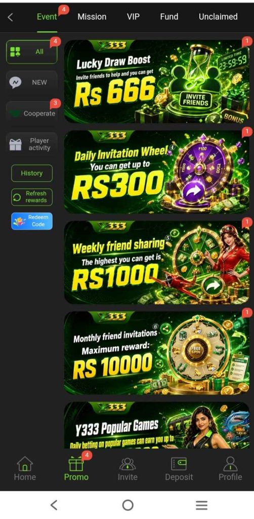 Y333 Game includes daily rewards, bonus offers, and special promotions for users. It also provides invitation rewards and different game categories to explore.