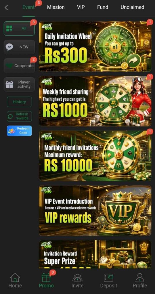The image highlights Jeeto999 Game App promotional offers, including bonuses, rewards, and activities available for users.