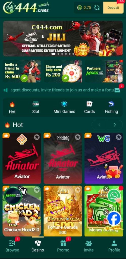 C444 Game; Different games and exciting features displayed in a simple mobile gaming interface.