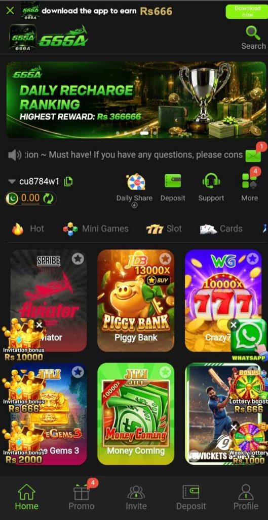 666A game shows different game categories like slot games,table games,spin games,Crash Games