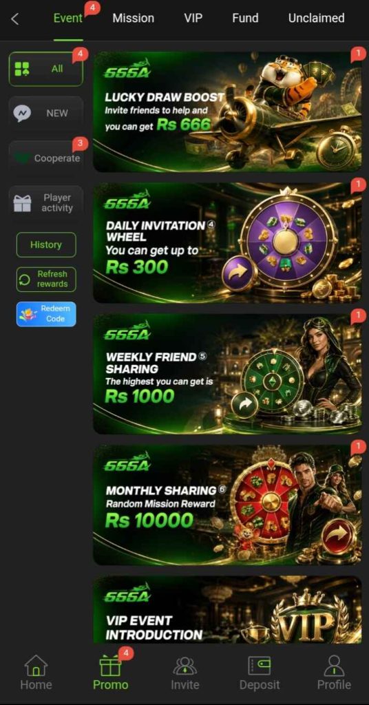 666A Game image shows referral bonuses,rewards,promotional offers ,Daily activities