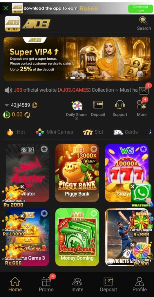 AJ03 Game Android app featuring different games, rewards, and mobile gaming options.