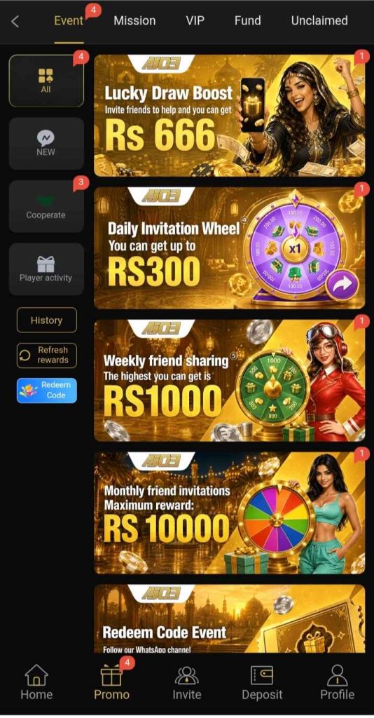 AJ03 Game rewards and bonus options for players using the Android gaming app.