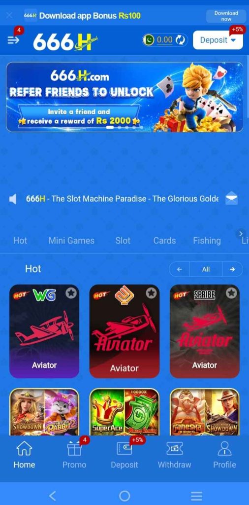 666H Game featuring different game categories, including slots, card games, and other online gaming options.