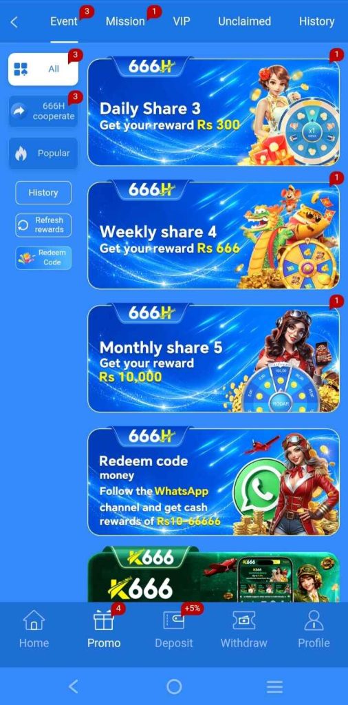 666H Game showcasing bonuses, free spins, cashback rewards, referral benefits, and promotional offers.