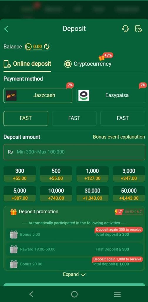 AZ777 Game screenshot showing payment options including JazzCash and Easypaisa for deposits and withdrawals.