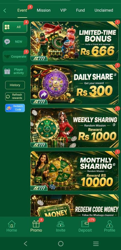 AZ777 Game screenshot displaying promotions, rewards, and bonus offers available in the app.