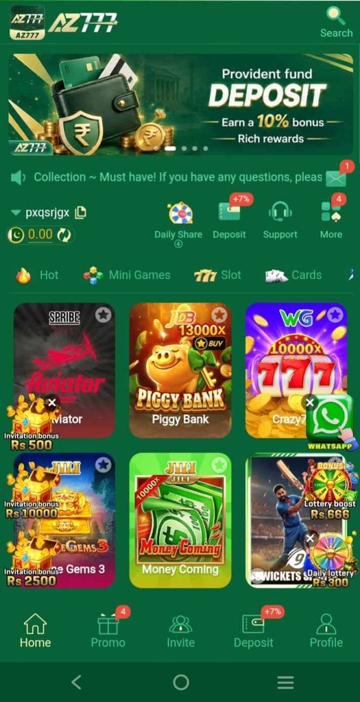 AZ777 Game screenshot showing different game categories and available gaming options on the mobile interface