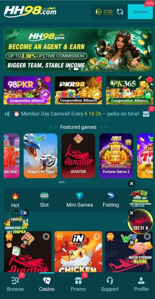 HH98 Game screenshot showing different game categories on the mobile screen.
