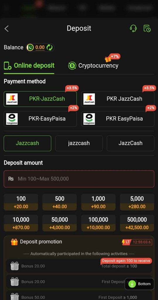 786Bet Game payment screen showing Easypaisa and JazzCash options for both deposits and withdrawals.