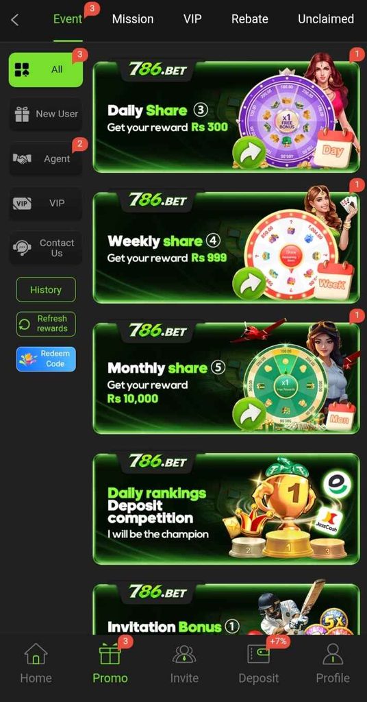 786Bet Game screenshot displaying bonuses, rewards, and promotional offers.