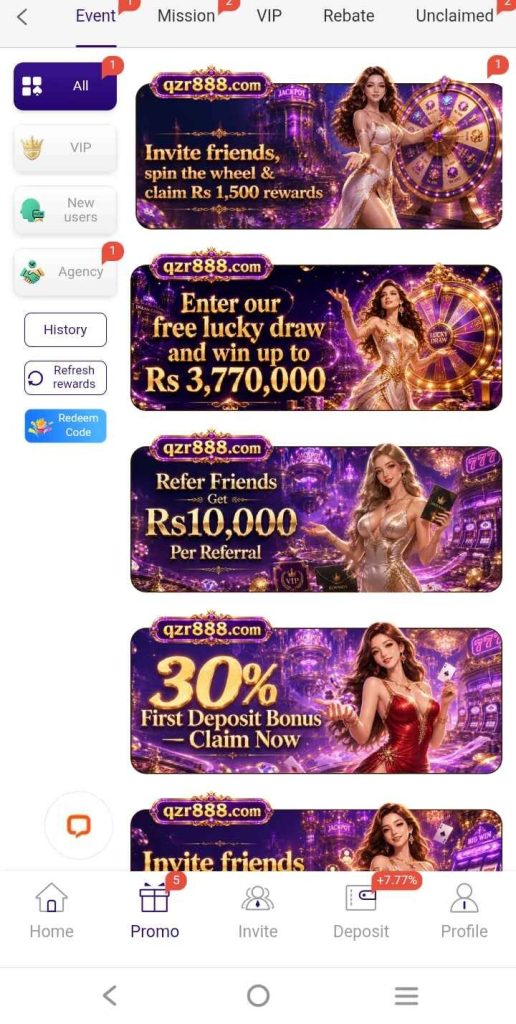 QZR888 Game offers different bonuses and promotional rewards for registered users. Users can check the latest offers and their terms inside the app.