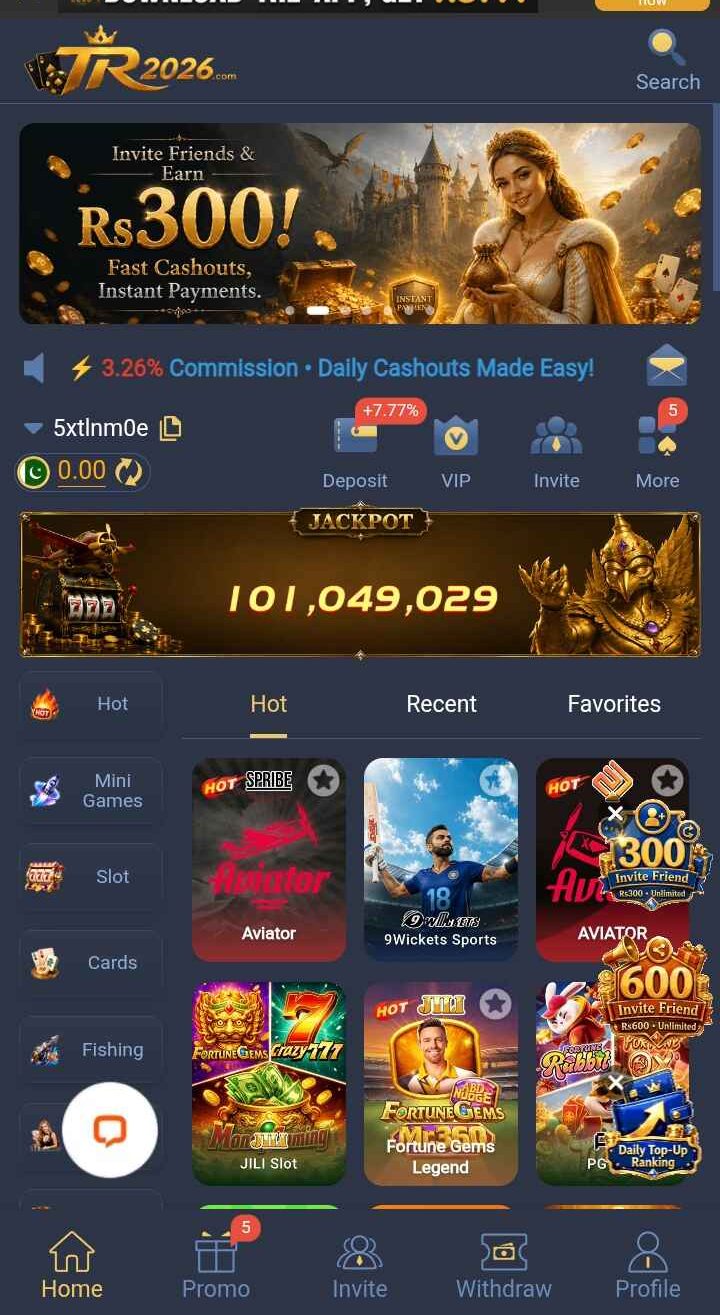 TR2026 Game showing different game categories and gaming options on mobile