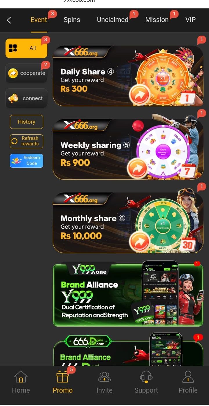 Screenshot showing X666 Game’s promotions, rewards, bonuses, and different gaming categories in a simple layout.