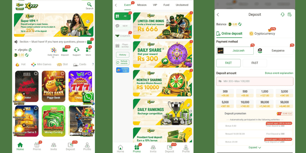 A screenshot of the XK777 gaming app showing different game categories, bonuses, promotional offers, rewards, and convenient payment options such as Easypaisa and JazzCash.