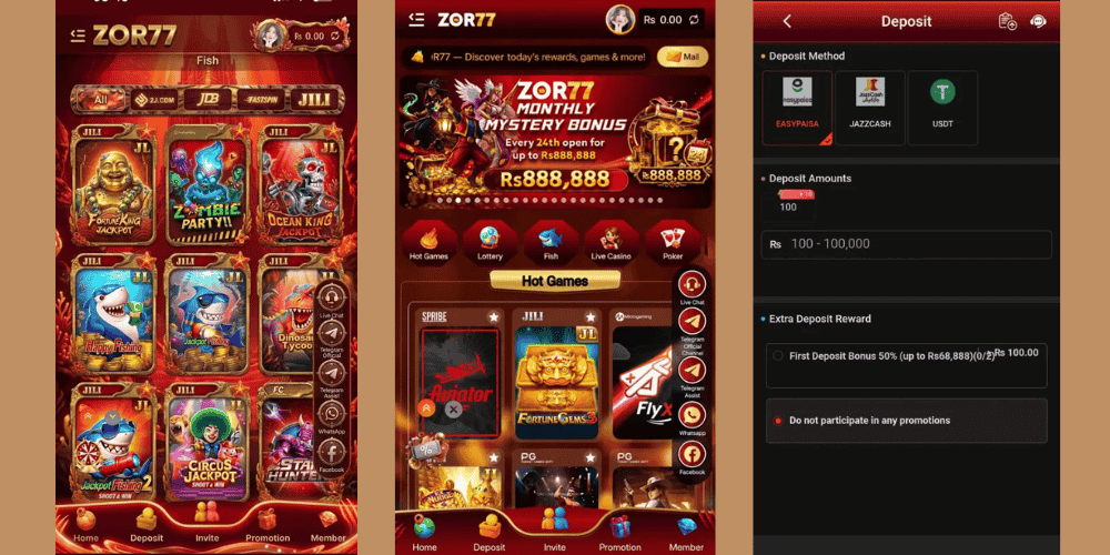 Banner images of ZOR77 Game showing a gaming platform with different game categories, bonuses, rewards, promotions, and convenient payment options such as Easypaisa, JazzCash, and bank transfer.