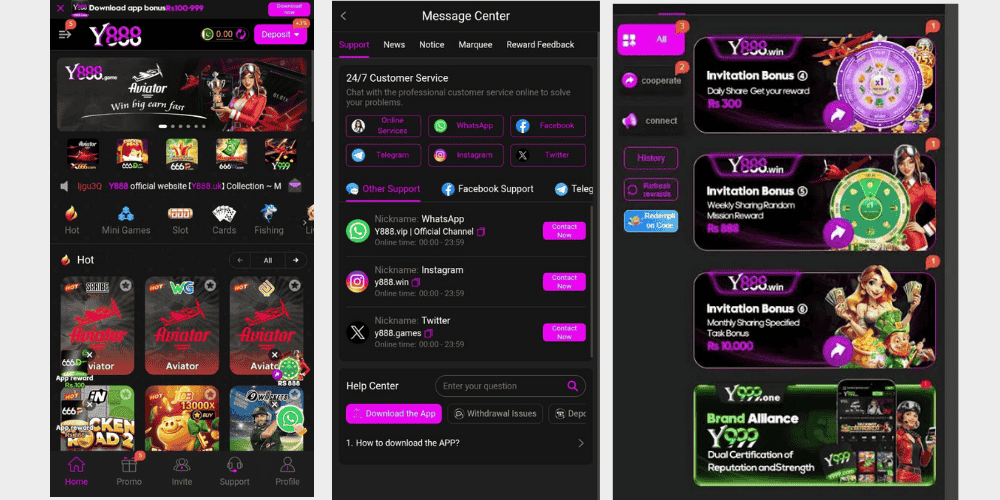 Y888 Game screenshot showing a colorful game lobby with different game categories, attractive offers and bonuses, and an easy-to-find customer support section. The layout gives users quick access to games, promotions, rewards, and support options from one screen.