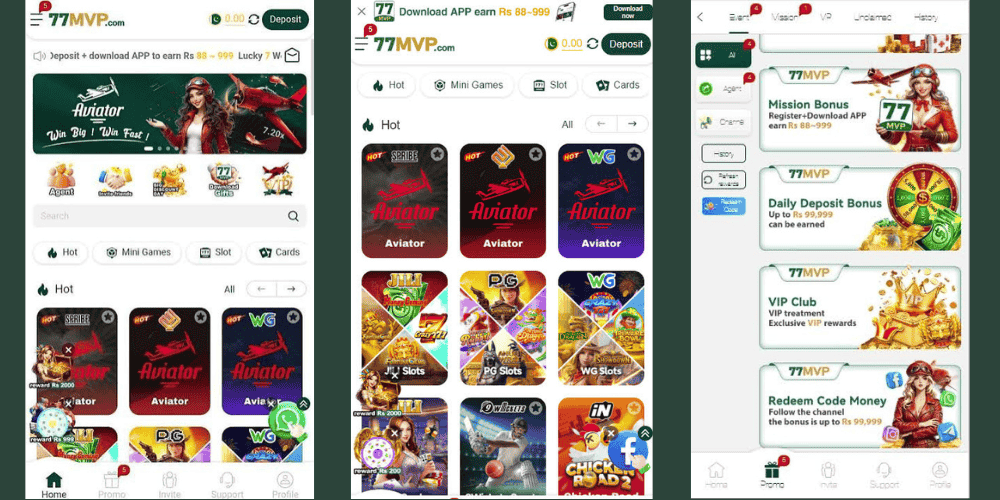 77MVP Game Image is showing different game categories,promotion section and simple menus.
