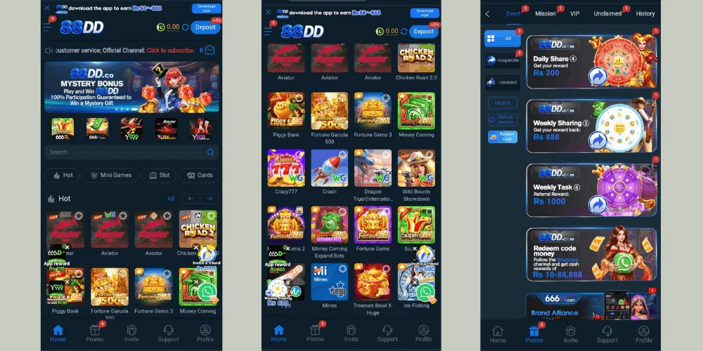 88DD Game brings together different gaming options, regular promotions, and reward activities in one mobile app. Users can explore different game categories, join promotional events, collect bonuses, and take part in referral and VIP programs. For payments, the app supports convenient options such as Easypaisa, JazzCash, and bank transfer for deposits and withdrawals.