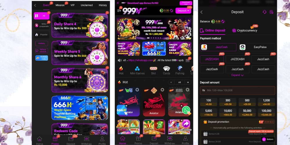 999V Game App screenshots showing the gaming interface, game categories, rewards, referral features, account dashboard, and payment options.