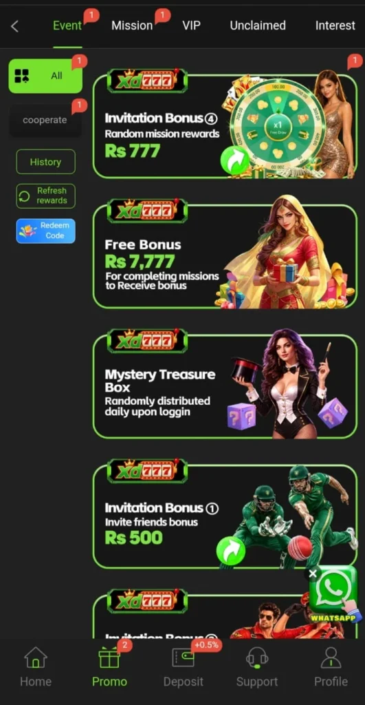 The XD777 APK promotion section brings special offers, member bonuses, invitation rewards, and limited time activities together in one place. Its clear layout makes it easy to browse current promotions and discover new opportunities.