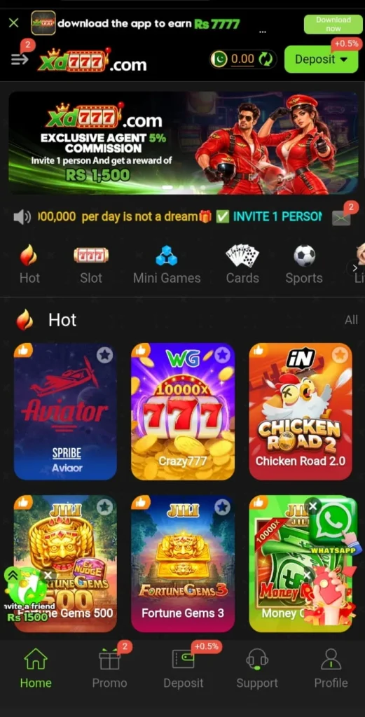 XD777 Game App brings different gaming categories together, giving users a variety of options to explore according to their interests. The app also uses a simple design with easy menus, making it convenient to move between games, rewards, promotions, and account features.
