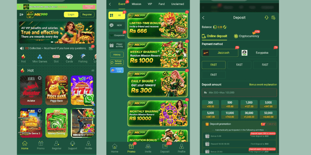 Screenshot of MK999 Game showing different games, available bonuses and rewards, current promotions, and payment options such as Easypaisa and JazzCash, all arranged in a simple and easy-to-use interface.