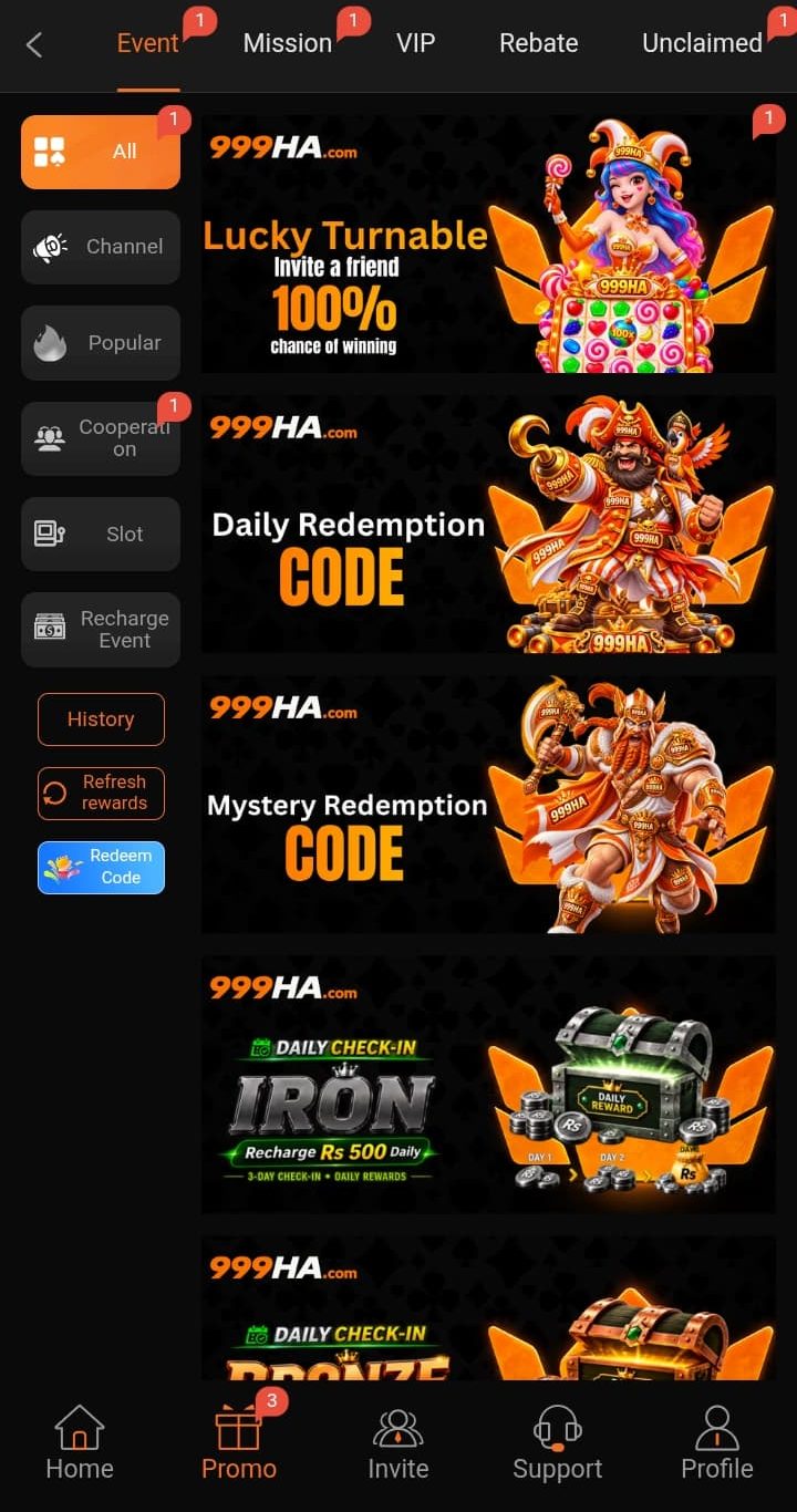 The 999HA promotional section highlights available bonuses, rewards, referral benefits, and other offers for users to explore.