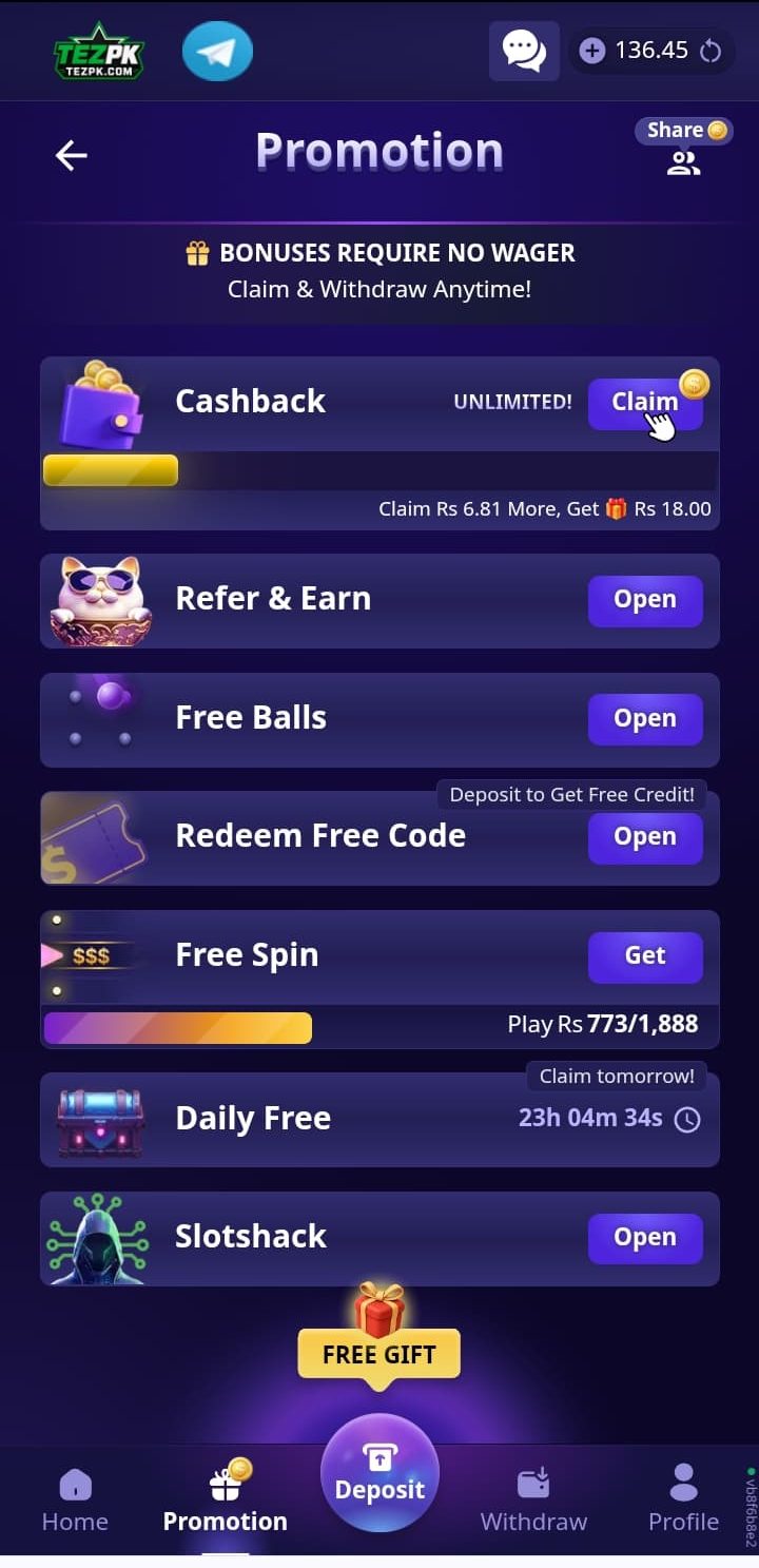 TEZPK Game Screenshot is showing promotion section which includes bonuses,rewards and promotions.