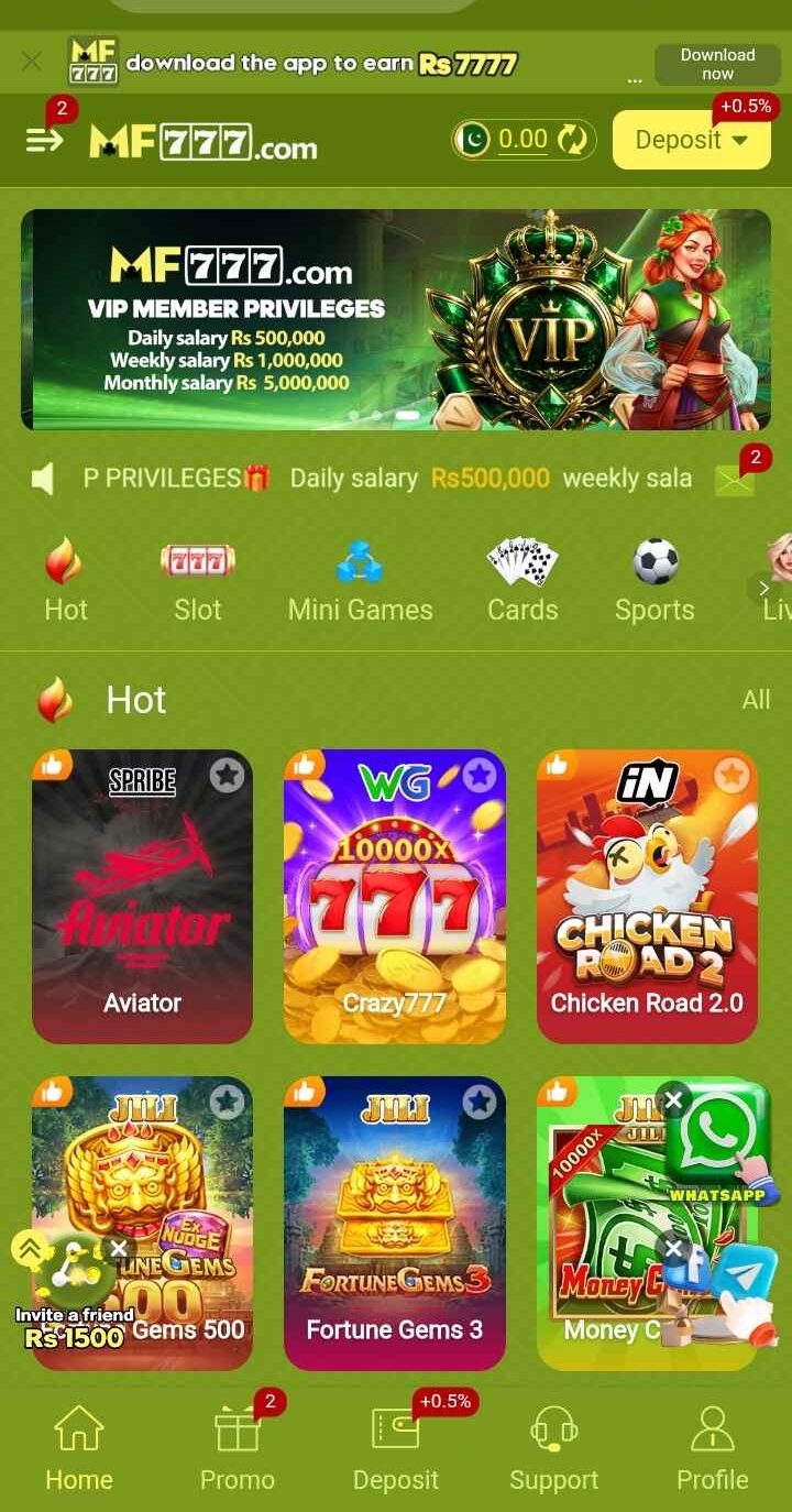 MF777 Game brings several game categories into one simple mobile-friendly layout, making it easy to explore different options from the main screen. Users can find Arcade, Sports, Card, Table, Puzzle, Fishing, Lucky, and Reward Games through organized sections, while the app also keeps important features such as promotions, rewards, referrals, deposits, withdrawals, and account settings easy to access. The clean menu structure helps users switch between game categories and account features without unnecessary steps.