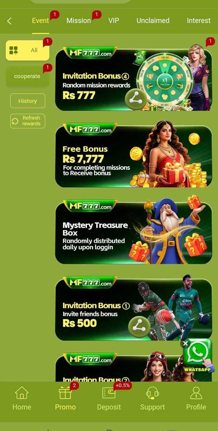 MF777 Game keeps its promotional section simple, giving users an easy place to check the latest offers and reward opportunities. Promotions can include welcome offers, daily rewards, deposit bonuses, referral rewards, and special campaign bonuses, depending on the current terms. Users should check the requirements and eligibility of each offer before claiming or using it.