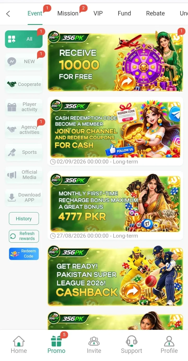 356PK Game APK brings different gaming options together with promotional events, rewards, missions, VIP benefits, and referral activities in one mobile-friendly interface.