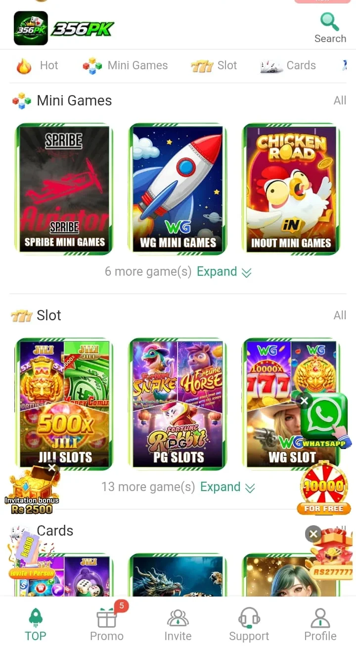 Different gaming options available in the 356PK Game app, giving users a variety of choices to explore and play