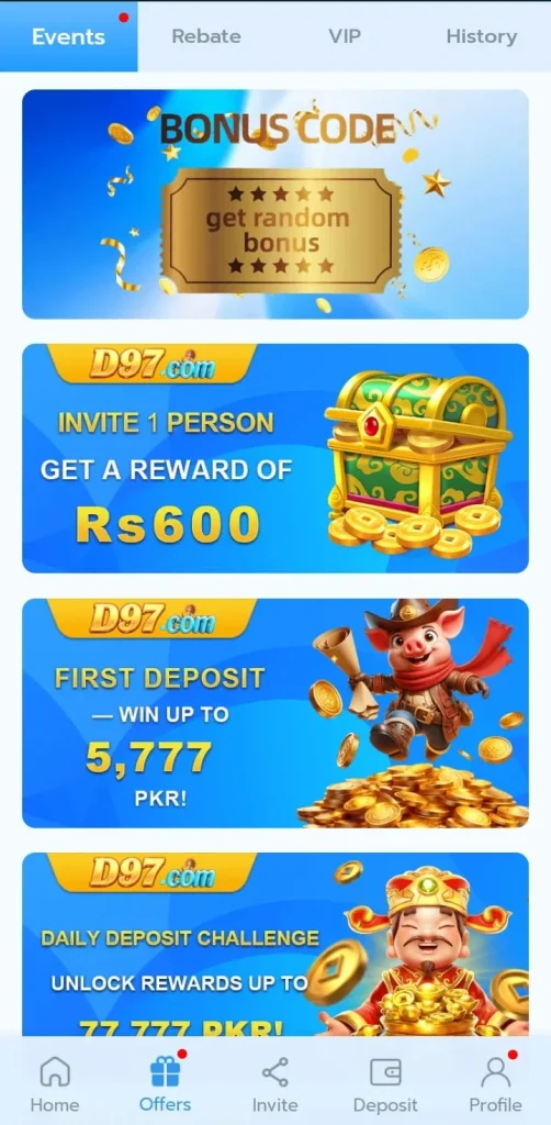 D97 Game promotion section featuring bonus offers, daily rewards, referral bonuses, VIP benefits, and other promotional activities.