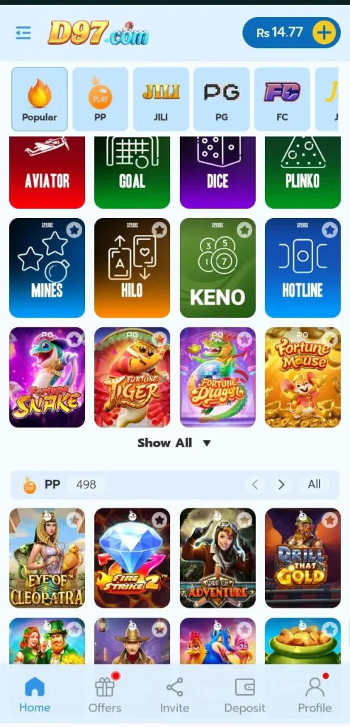 D97 Game screen featuring popular games, PP games, JILI games, PG options, and other gaming categories.