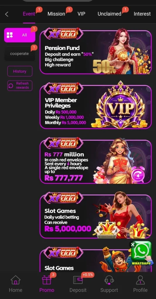 The XF777 Game promotional section brings bonuses, referral rewards, VIP offers, and special events together in one place. Users can easily explore the latest promotions and choose the offers that match their interests.