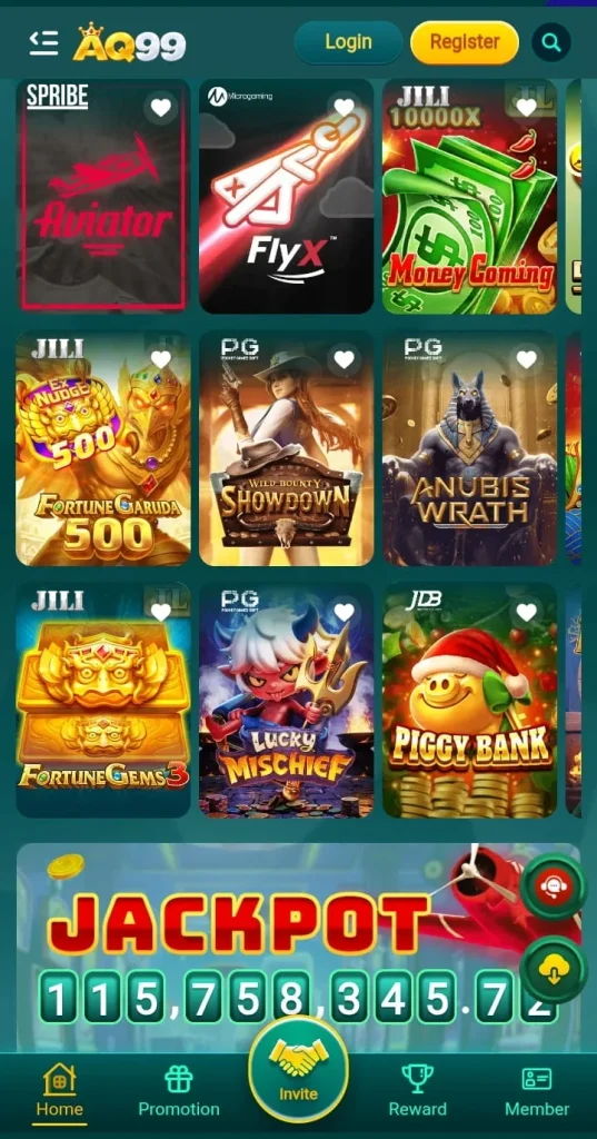 AQ99 Game homepage showing different gaming sections, promotional offers, rewards, and account features in one place.
