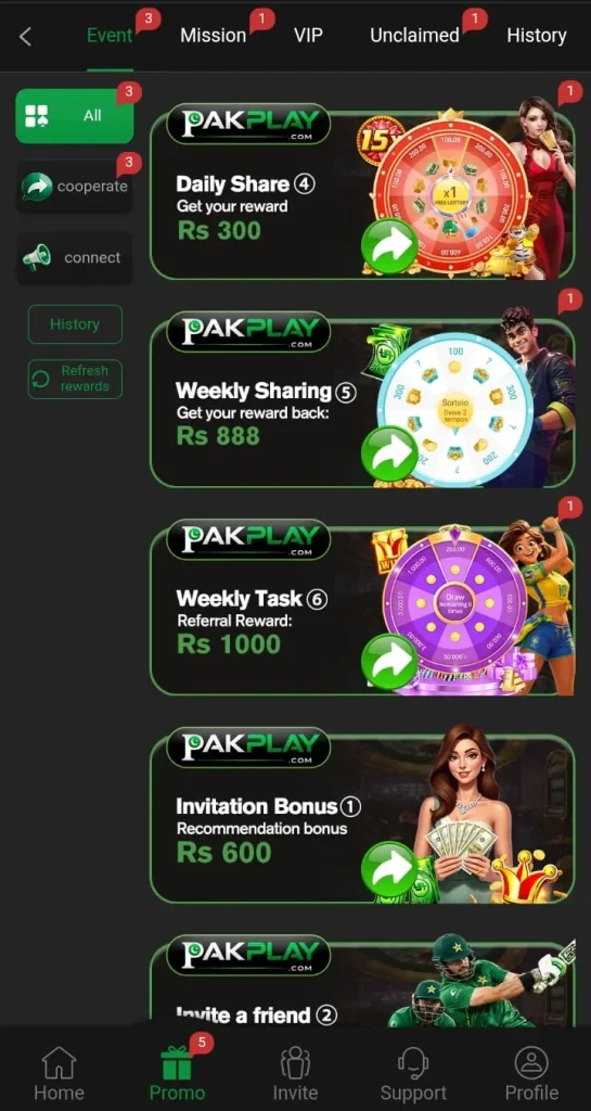 Pakplay Game APK promotion section showing rewards,bonuses and promotions.