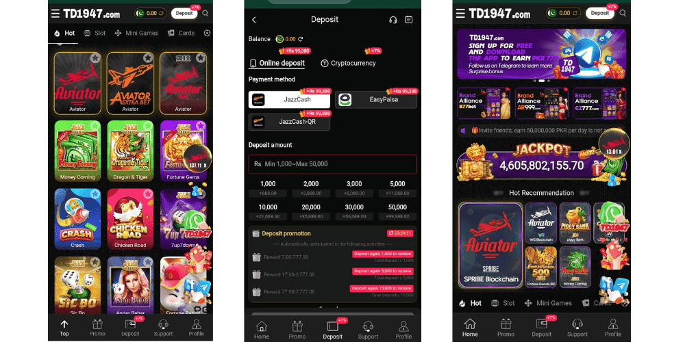 TD1947 Game screenshots give a quick look at the platform, showing different game categories, exciting bonuses, available rewards, promotional offers, and useful account features. The images also highlight payment options such as Easypaisa and JazzCash, making it easier for Pakistani users to see the main features and options available on the platform.