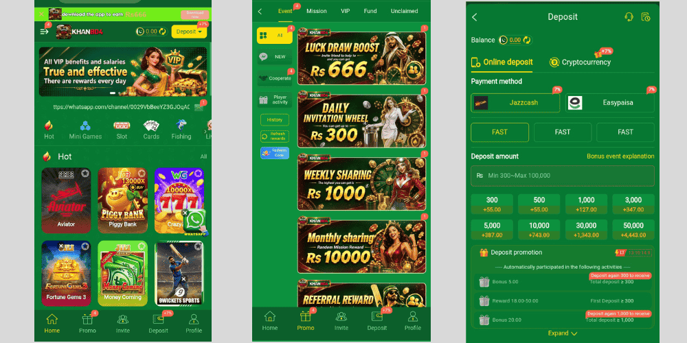 Khan804 Game offers various gaming categories, promotions, bonuses, and rewards, with convenient deposit and withdrawal options through Easypaisa and JazzCash.